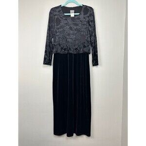 Vtg Velvet Burnout Maxi Dress 10 Black Long Sleeve Goth Grunge Witchy Y2K 90s